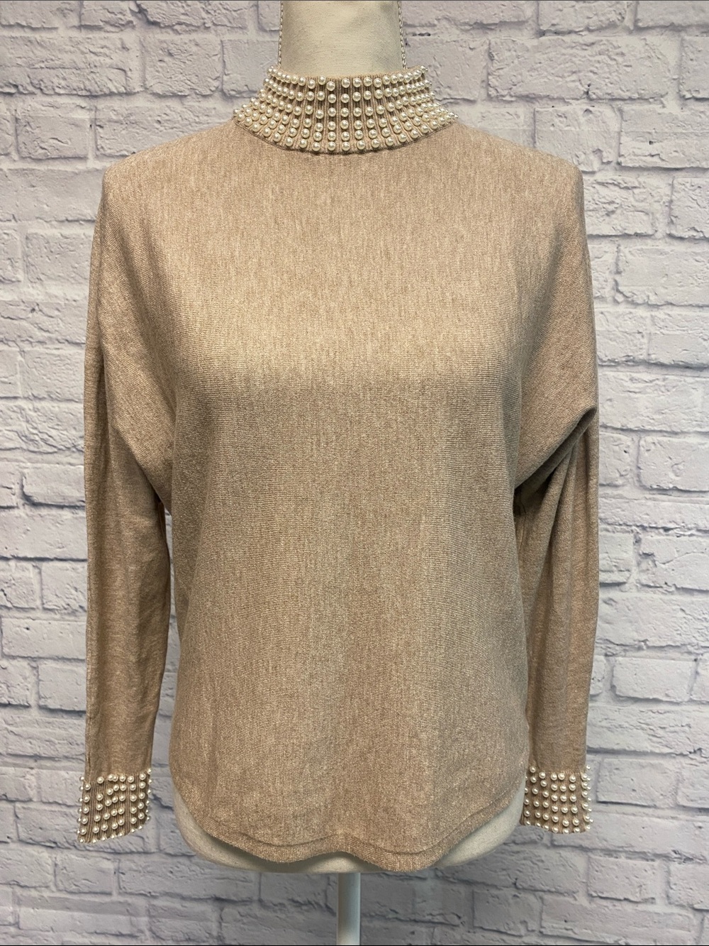 NWT LIV Milano Pearl-Trim Beige Knit Sweater Size Small